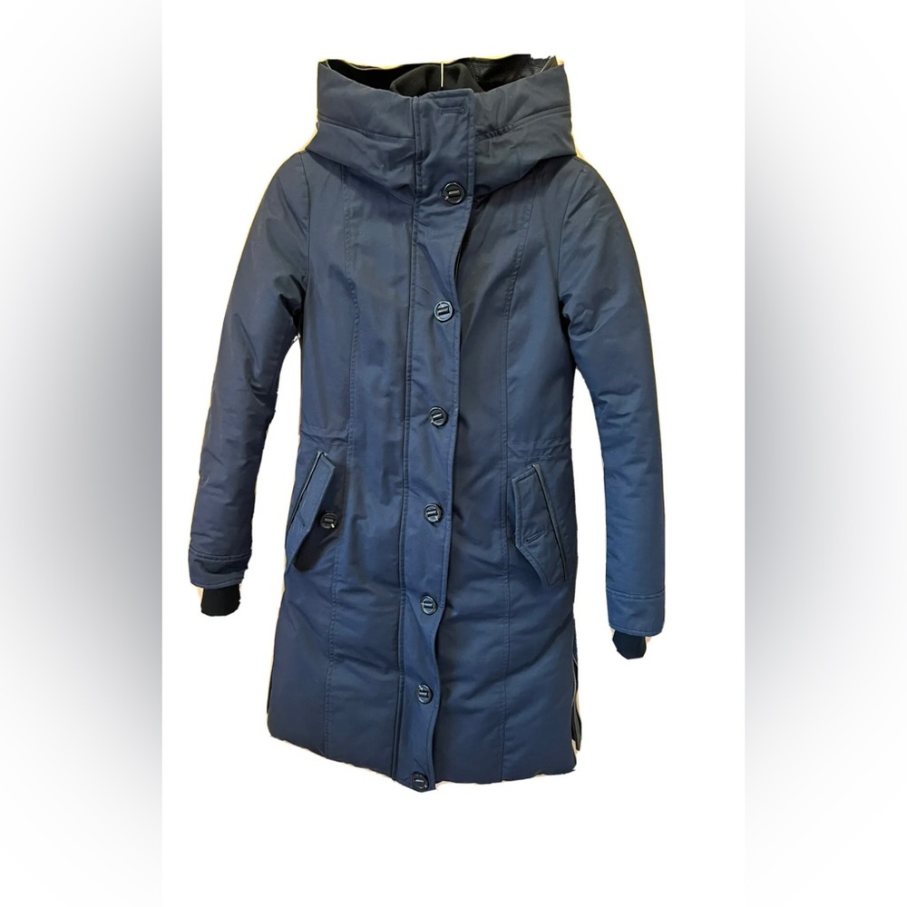 Mackage Montreal Parka Coat Leather Trim Navy Size XXS